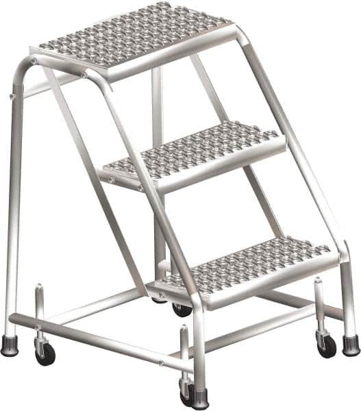 Ballymore - 28-1/2" 3 Step Ladder - Rolling Safety Ladder, 450 Lb Capacity, 28-1/2" Platform Height, 30" Base Width x 25" Depth, Heavy-Duty Serrated Grating - Benchmark Tooling