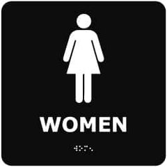 NMC - Women, 8" Wide x 8" High, Plastic Sign - English, Braille, White on Black, Wall Mount - Benchmark Tooling