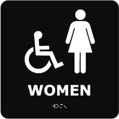 NMC - Women, 8" Wide x 8" High, Plastic Sign - English, Braille, White on Black, Wall Mount - Benchmark Tooling