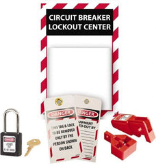 NMC - 5 Piece, Equipped Polystyrene Tag and Padlock / Hasp Station - 7 Inch Wide x 10 Inch High, Red, White and White on Black - Benchmark Tooling