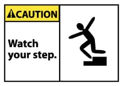 NMC - Accident Prevention Label, Header: CAUTION - Legend: Caution - Watch Your Step, English, Black, Yellow & White, 5" Long x 3" High, Sign Muscle Finish - Benchmark Tooling