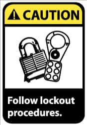NMC - Accident Prevention Label, Header: CAUTION - Legend: Caution - Follow Lock-Out Procedures, English, Black, Yellow & White, 5" Long x 3" High, Sign Muscle Finish - Benchmark Tooling