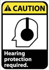 NMC - Accident Prevention Label, Header: CAUTION - Legend: Caution - Hearing Protection Required, English, Black, Yellow & White, 5" Long x 3" High, Sign Muscle Finish - Benchmark Tooling