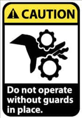 NMC - Accident Prevention Label, Header: CAUTION - Legend: Caution - Do Not Operate without Guards in Place, English, Black, Yellow & White, 5" Long x 3" High, Sign Muscle Finish - Benchmark Tooling