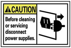 NMC - Accident Prevention Label, Header: CAUTION - Legend: Caution - Before Cleaning or Servicing Disconnect Power Supplies, English, Black, Yellow & White, 5" Long x 3" High, Sign Muscle Finish - Benchmark Tooling