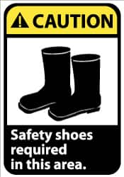 NMC - "Caution - Safety Shoes Required in This Area", 10" Long x 7" Wide, Rigid Plastic Safety Sign - Rectangle, 0.05" Thick, Use for Accident Prevention - Benchmark Tooling