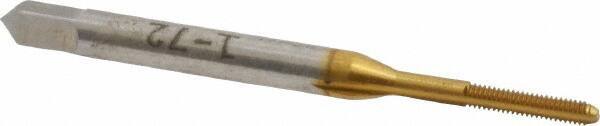 Made in USA - #1-72 UNF 3B 2 Flute TiN Finish High Speed Steel Straight Flute Standard Hand Tap - Bottoming, Right Hand Thread, 1-11/16" OAL, 3/8" Thread Length, H1 Limit, Oversize - Exact Industrial Supply