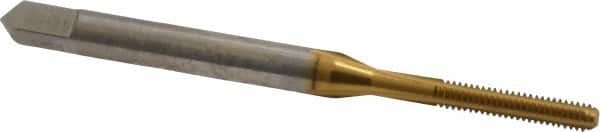 Made in USA - #2-56 UNC 2B 3 Flute TiN Finish High Speed Steel Straight Flute Standard Hand Tap - Bottoming, Right Hand Thread, 1-3/4" OAL, 7/16" Thread Length, H2 Limit, Oversize - Exact Industrial Supply