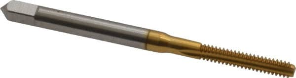 Made in USA - #4-40 UNC 2B/3B 3 Flute TiN Finish High Speed Steel Straight Flute Standard Hand Tap - Bottoming, Right Hand Thread, 1-7/8" OAL, 9/16" Thread Length, H2 Limit, Oversize - Exact Industrial Supply
