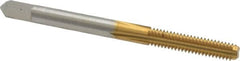 Made in USA - #8-32 UNC 2B 4 Flute TiN Finish High Speed Steel Straight Flute Standard Hand Tap - Bottoming, Right Hand Thread, 2-1/8" OAL, 3/4" Thread Length, H3 Limit, Oversize - Exact Industrial Supply