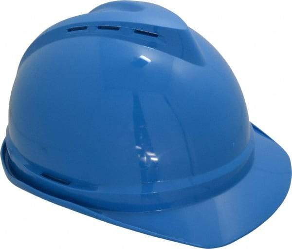 MSA - ANSI Type I, Class C Rated, 4-Point, Ratchet Adjustment Hard Hat - Size 6-1/2 to 8, Blue, Standard Brim, Vented - Benchmark Tooling