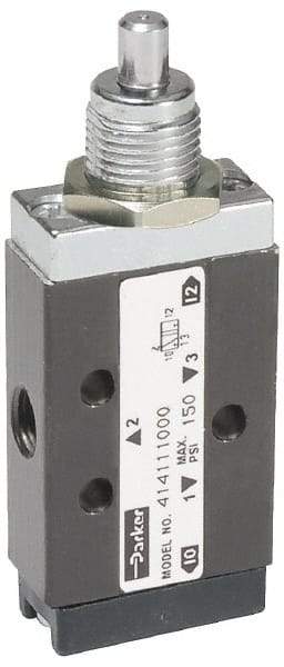 Parker - 0.20 CV Rate, 1/8" NPT Inlet Direct Air 2 Mechanical Spool Valve - 3 Way, 2 Position, 150 Max psi, Plunger Spring Return - Benchmark Tooling