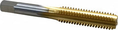 Made in USA - 7/16-14 UNC 4 Flute TiN Finish High Speed Steel Straight Flute Standard Hand Tap - Bottoming, Right Hand Thread, 3-5/32" OAL, 1-7/16" Thread Length, H3 Limit, Oversize - Exact Industrial Supply