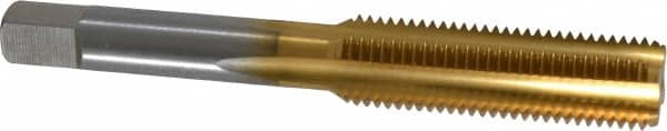 Made in USA - 7/16-20 UNF 4 Flute TiN Finish High Speed Steel Straight Flute Standard Hand Tap - Bottoming, Right Hand Thread, 3-5/32" OAL, 1-7/16" Thread Length, H3 Limit, Oversize - Exact Industrial Supply