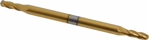 Hertel - 3/32" Diam, 9/32" LOC, 4 Flute Solid Carbide Ball End Mill - TiN Finish, Double End, 2" OAL, 1/8" Shank Diam - Benchmark Tooling
