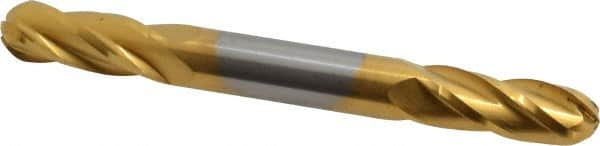 Hertel - 5/16" Diam, 3/4" LOC, 4 Flute Solid Carbide Ball End Mill - TiN Finish, Double End, 3" OAL, 5/16" Shank Diam - Benchmark Tooling
