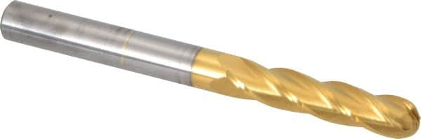 Hertel - 3/8" Diam, 1-3/4" LOC, 4 Flute Solid Carbide Ball End Mill - TiN Finish, Single End, 4" OAL, 3/8" Shank Diam - Benchmark Tooling