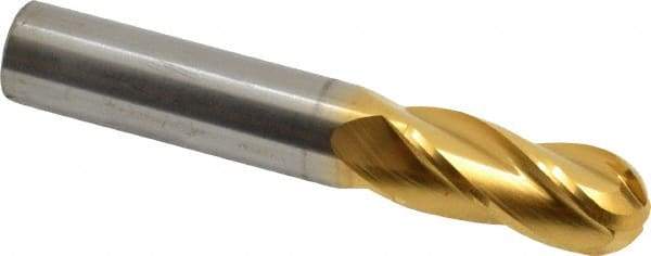 Hertel - 9/16" Diam, 1-1/4" LOC, 4 Flute Solid Carbide Ball End Mill - TiN Finish, Single End, 3-1/2" OAL, 9/16" Shank Diam - Benchmark Tooling