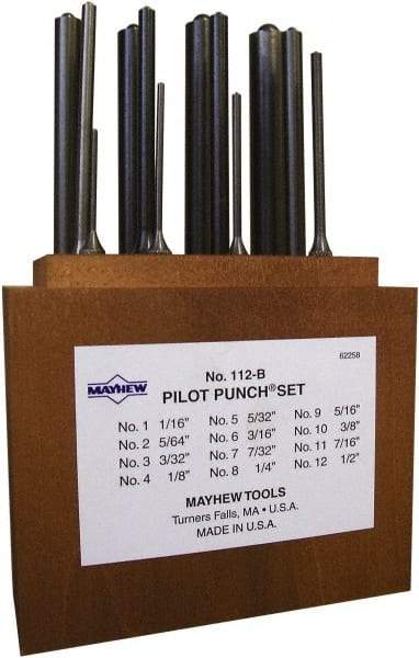 Mayhew - 12 Piece, 1/16 to 1/2", Roll Pin Punch Set - Round Shank, Alloy Steel, Comes in Wood Box - Benchmark Tooling