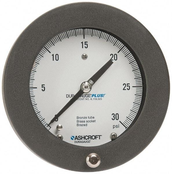 Ashcroft - 4-1/2" Dial, 1/4 Thread, 0-30 Scale Range, Pressure Gauge - Center Back Connection Mount, Accurate to 0.5% of Scale - Benchmark Tooling