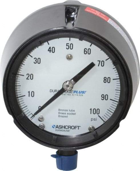 Ashcroft - 4-1/2" Dial, 1/2 Thread, 0-100 Scale Range, Pressure Gauge - Lower Connection, Rear Flange Connection Mount, Accurate to 0.5% of Scale - Benchmark Tooling