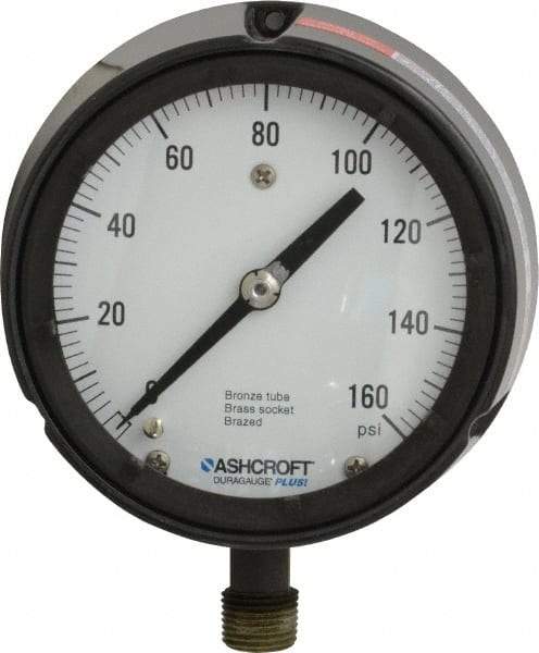 Ashcroft - 4-1/2" Dial, 1/2 Thread, 0-160 Scale Range, Pressure Gauge - Lower Connection, Rear Flange Connection Mount, Accurate to 0.5% of Scale - Benchmark Tooling