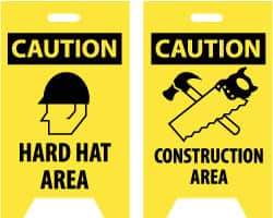 NMC - Caution - Hard Hat Area, Caution - Construction Area, 12" Wide x 20" High, Plastic Floor Sign - A-Frame, Black on Yellow, For Accident Prevention - Benchmark Tooling