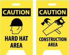 NMC - Caution - Hard Hat Area, Caution - Construction Area, 12" Wide x 20" High, Plastic Floor Sign - A-Frame, Black on Yellow, For Accident Prevention - Benchmark Tooling