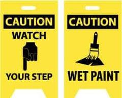 NMC - Caution - Watch Your Step, Caution - Wet Paint, 12" Wide x 20" High, Plastic Floor Sign - A-Frame, Black on Yellow, For Accident Prevention - Benchmark Tooling