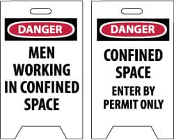 NMC - Danger - Men Working in Confined Area, Danger - Confined Space - Enter by Permit Only, 12" Wide x 19" High, Plastic Floor Sign - A-Frame, Red & Black on White, For Accident Prevention - Benchmark Tooling