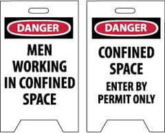 NMC - Danger - Men Working in Confined Area, Danger - Confined Space - Enter by Permit Only, 12" Wide x 19" High, Plastic Floor Sign - A-Frame, Red & Black on White, For Accident Prevention - Benchmark Tooling