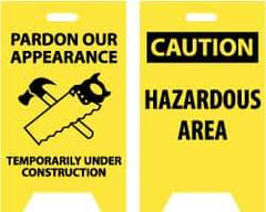 NMC - Pardon Our Appearance - Temporarily Under Construction, 12" Wide x 19" High, Plastic Floor Sign - A-Frame, Black on Yellow, For Accident Prevention - Benchmark Tooling