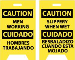 NMC - Caution - Men Working, Caution - Slippery When Wet, 12" Wide x 20" High, Plastic Floor Sign - English/Spanish, A-Frame, Black on Yellow, For Accident Prevention - Benchmark Tooling