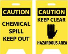 NMC - Caution - Chemical Spill - Keep Out, Caution - Keep Clear - Hazardous Area, 12" Wide x 20" High, Plastic Floor Sign - A-Frame, Black on Yellow, For Hazardous Materials - Benchmark Tooling