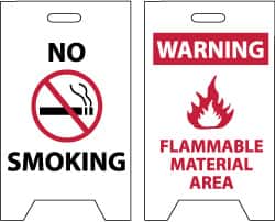 NMC - No Smoking, Warning - Flammable Material Area, 12" Wide x 20" High, Plastic Floor Sign - A-Frame, Red & Black on White, For Hazardous Materials - Benchmark Tooling