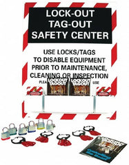 NMC - Equipped Polystyrene Tag and Padlock / Hasp Station - 24 Inch Wide x 30 Inch High, Red, White and White on Black - Benchmark Tooling