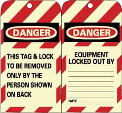 NMC - 3" High x 6" Long, DANGER - THIS TAG & LOCK TO BE REMOVED ONLY BY THE PERSON SHOWN ON BACK, English Safety & Facility Lockout Tag - Tag Header: Danger, 2 Sides, Black, Red & White Unrippable Vinyl - Benchmark Tooling