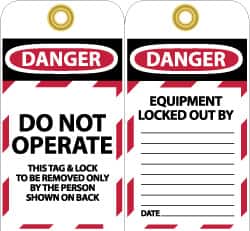 NMC - 3" High x 6" Long, DANGER - DO NOT OPERATE - THIS TAG & LOCK TO BE REMOVED ONLY BY THE PERSON SHOWN ON BACK, English Safety & Facility Lockout Tag - Tag Header: Danger, 2 Sides, Black, Red & White Unrippable Vinyl - Benchmark Tooling