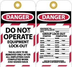 NMC - 3" High x 6" Long, DANGER - DO NOT OPERATE - EQUIPMENT LOCK-OUT, English Safety & Facility Lockout Tag - Tag Header: Danger, 2 Sides, Black, Red & White Unrippable Vinyl - Benchmark Tooling