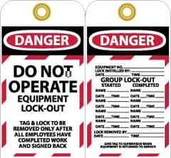 NMC - 3" High x 6" Long, DANGER - DO NOT OPERATE - EQUIPMENT LOCK-OUT, English Safety & Facility Lockout Tag - Tag Header: Danger, 2 Sides, Black, Red & White Unrippable Vinyl - Benchmark Tooling