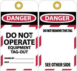 NMC - 3" High x 6" Long, DANGER - DO NOT OPERATE - EQUIPMENT TAG-OUT, English Safety & Facility Lockout Tag - Tag Header: Danger, 2 Sides, Black, Red & White Unrippable Vinyl - Benchmark Tooling