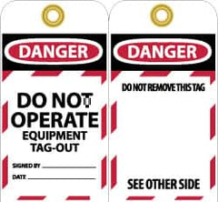 NMC - 3" High x 6" Long, DANGER - DO NOT OPERATE - EQUIPMENT TAG-OUT, English Safety & Facility Lockout Tag - Tag Header: Danger, 2 Sides, Black, Red & White Unrippable Vinyl - Benchmark Tooling