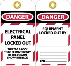 NMC - 3" High x 6" Long, DANGER - ELECTRICAL PANEL LOCKED OUT - THIS TAG & LOCK TO BE REMOVED ONLY BY THE PERSON SHOWN ON BACK, English Safety & Facility Lockout Tag - Tag Header: Danger, 2 Sides, Black, Red & White Unrippable Vinyl - Benchmark Tooling