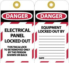 NMC - 3" High x 6" Long, DANGER - ELECTRICAL PANEL LOCKED OUT - THIS TAG & LOCK TO BE REMOVED ONLY BY THE PERSON SHOWN ON BACK, English Safety & Facility Lockout Tag - Tag Header: Danger, 2 Sides, Black, Red & White Unrippable Vinyl - Benchmark Tooling