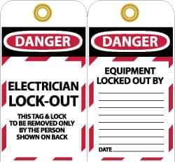 NMC - 3" High x 6" Long, DANGER - ELECTRICIAN LOCK-OUT - THIS TAG & LOCK TO BE REMOVED ONLY BY THE PERSON SHOWN ON BACK, English Safety & Facility Lockout Tag - Tag Header: Danger, 2 Sides, Black, Red & White Unrippable Vinyl - Benchmark Tooling