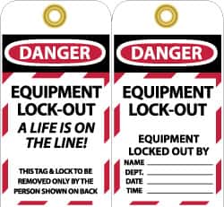 NMC - 3" High x 6" Long, DANGER - EQUIPMENT LOCK-OUT - A LIFE IS ON THE LINE! THIS TAG & LOCK TO BE REMOVED ONLY BY THE PERSON SHOWN ON BACK, English Safety & Facility Lockout Tag - Tag Header: Danger, 2 Sides, Black, Red & White Unrippable Vinyl - Benchmark Tooling