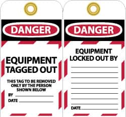 NMC - 3" High x 6" Long, DANGER - EQUIPMENT TAGGED OUT - THIS TAG TO BE REMOVED ONLY BY THE PERSON SHOWN BELOW, English Safety & Facility Lockout Tag - Tag Header: Danger, 2 Sides, Black, Red & White Unrippable Vinyl - Benchmark Tooling