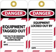 NMC - 3" High x 6" Long, DANGER - EQUIPMENT TAGGED OUT - THIS TAG TO BE REMOVED ONLY BY THE PERSON SHOWN BELOW, English Safety & Facility Lockout Tag - Tag Header: Danger, 2 Sides, Black, Red & White Unrippable Vinyl - Benchmark Tooling