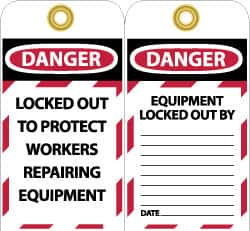NMC - 3" High x 6" Long, DANGER - LOCKED OUT TO PROTECT WORKERS REPAIRING EQUIPMENT, English Safety & Facility Lockout Tag - Tag Header: Danger, 2 Sides, Black, Red & White Unrippable Vinyl - Benchmark Tooling
