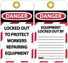 NMC - 3" High x 6" Long, DANGER - LOCKED OUT TO PROTECT WORKERS REPAIRING EQUIPMENT, English Safety & Facility Lockout Tag - Tag Header: Danger, 2 Sides, Black, Red & White Unrippable Vinyl - Benchmark Tooling